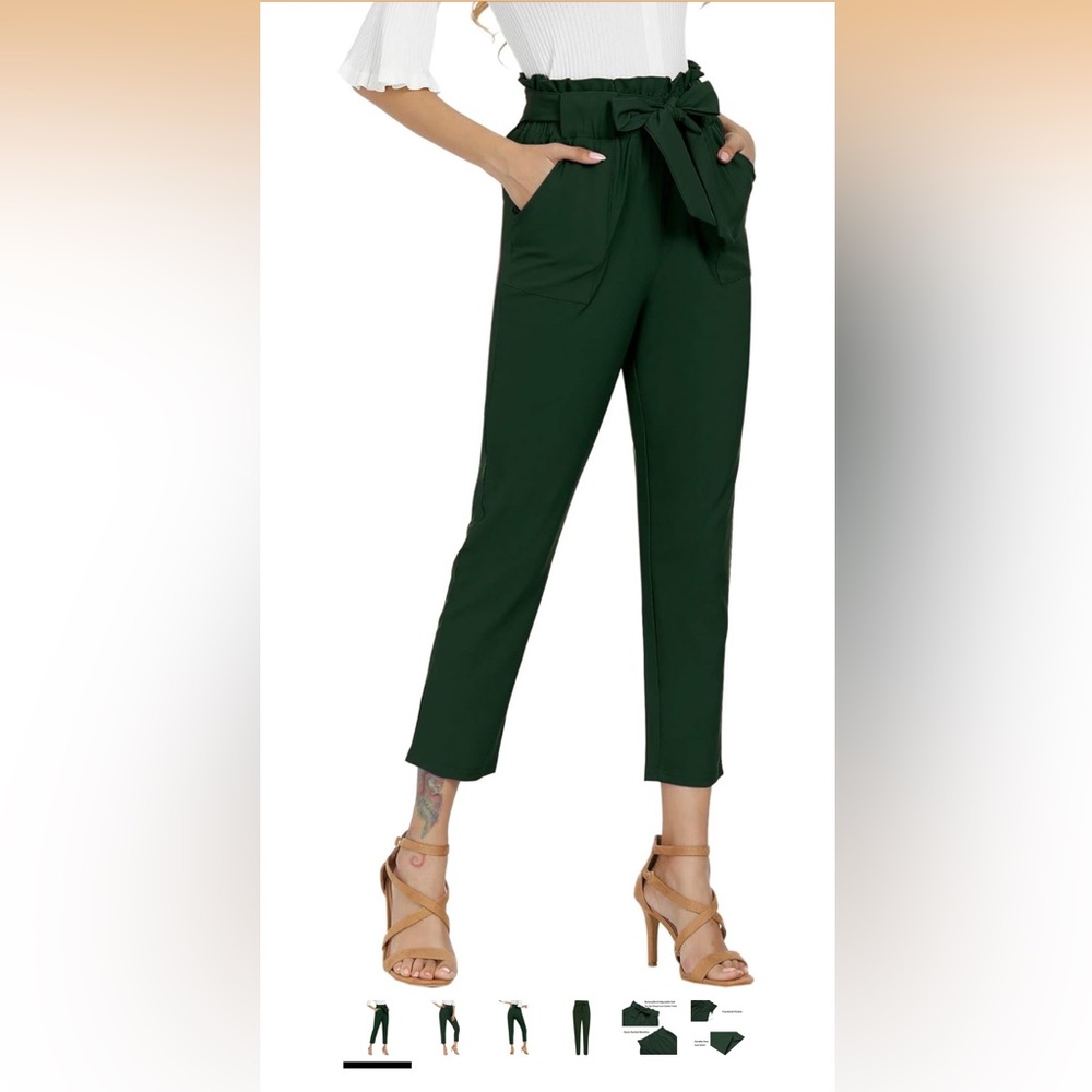 Women's Dark Green Paper Bag Style Pants